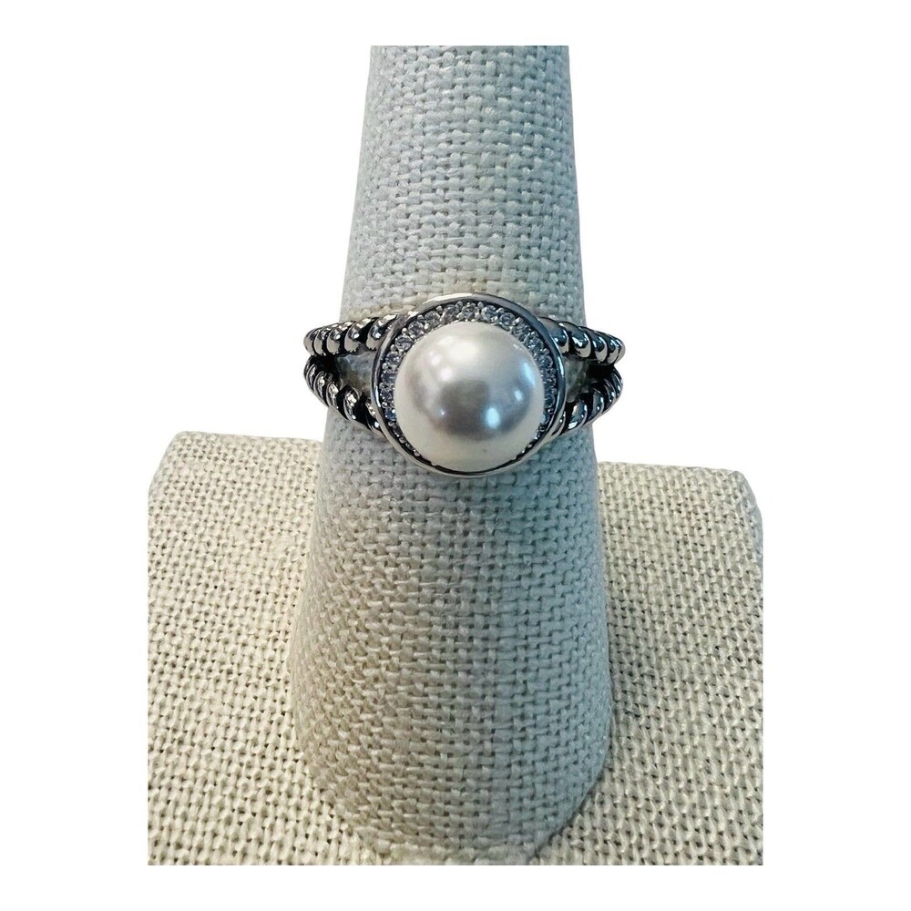 DAVID YURMAN Albion 8mm Pearl Diamond & Sterling Silver Ladies Cable Ring Size 8